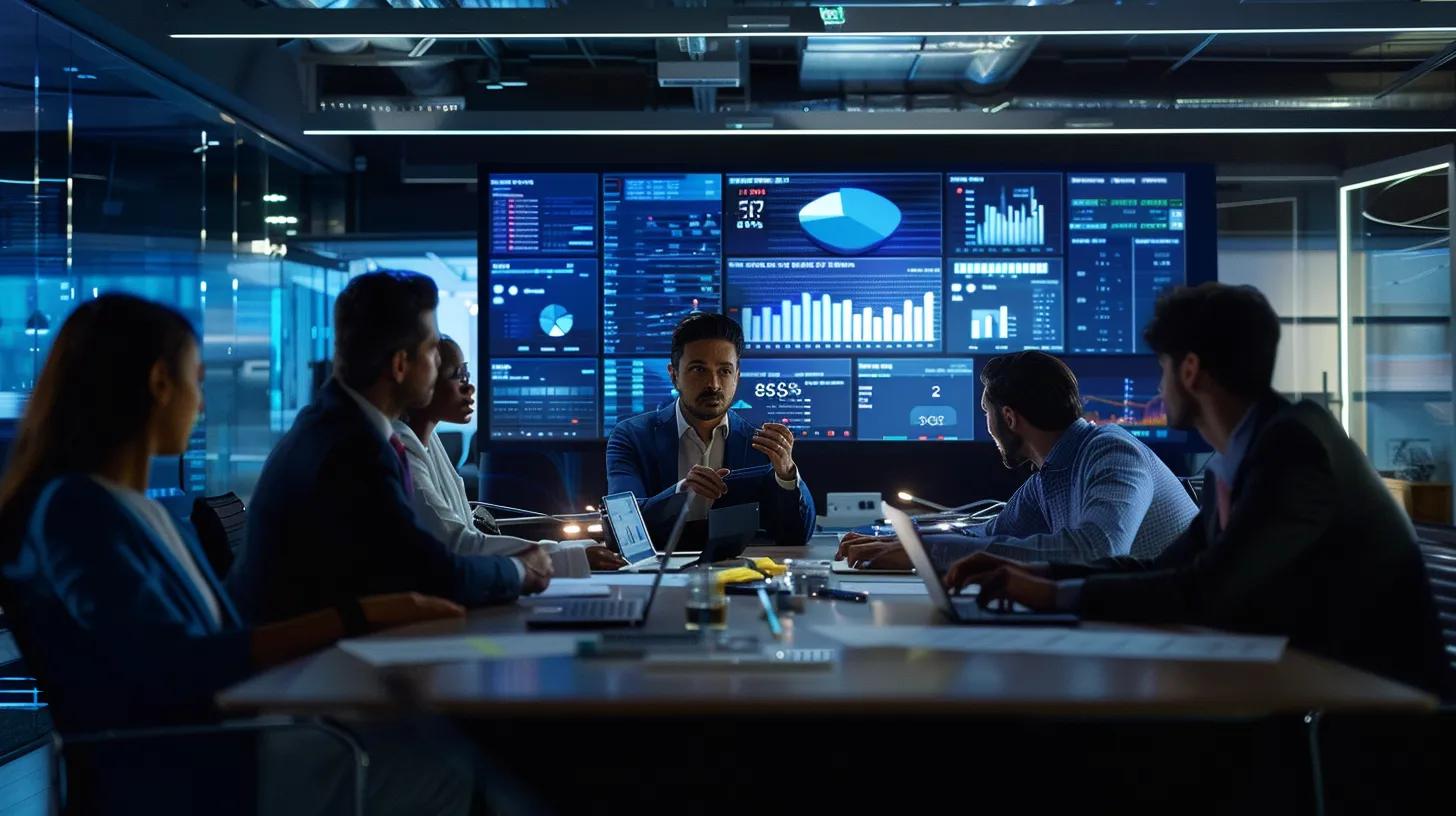 a dynamic office scene showcases a focused team gathered around a sleek meeting table, analysing data on digital screens that highlight high-intent keywords driving traffic and conversions, exuding an atmosphere of collaboration and strategic insight. a dynamic office scene showcases a focused team gathered around a sleek meeting table, analysing data on digital screens that highlight high-intent keywords driving traffic and conversions, exuding an atmosphere of collaboration and strategic insight.