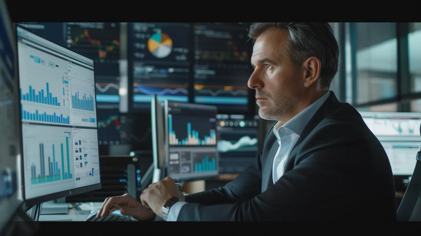 a focused business professional, seated at a sleek modern desk with multiple screens displaying dynamic analytics and trending data, engages in strategic planning amidst a stylish urban office backdrop. a focused business professional, seated at a sleek modern desk with multiple screens displaying dynamic analytics and trending data, engages in strategic planning amidst a stylish urban office backdrop.