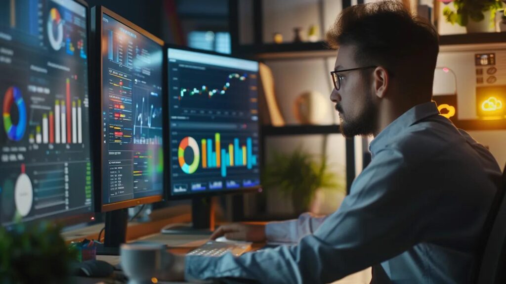 a focused digital marketing professional analyses intricate seo metrics on a sleek monitor in a modern office, surrounded by vibrant graphs and data visualisations highlighting optimal on-page strategies for higher search engine rankings.