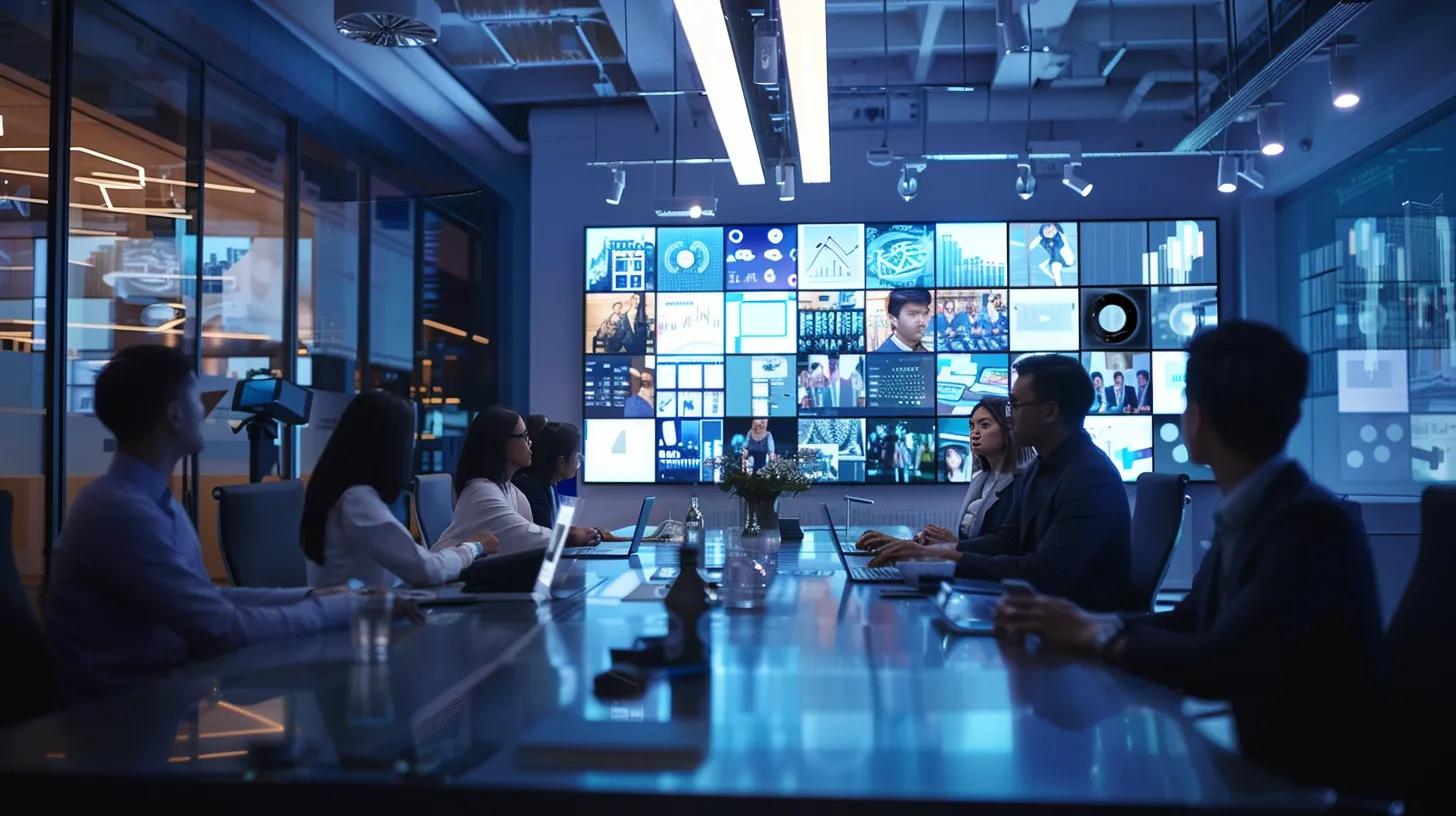 a modern office setting featuring a sleek conference table adorned with digital displays showcasing a visually organised pillar page concept, surrounded by professionals engaging in a dynamic brainstorming session on advanced seo strategies. a modern office setting featuring a sleek conference table adorned with digital displays showcasing a visually organised pillar page concept, surrounded by professionals engaging in a dynamic brainstorming session on advanced seo strategies.