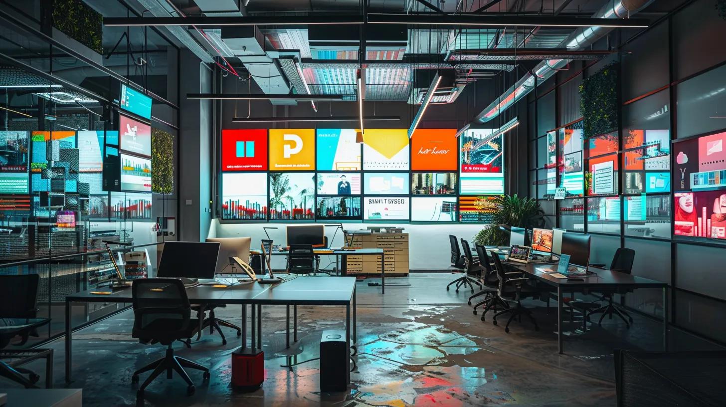 a sleek, modern office workspace filled with vibrant social media graphics displayed on multiple screens, emphasising the dynamic interplay of digital marketing and seo strategy. a sleek, modern office workspace filled with vibrant social media graphics displayed on multiple screens, emphasising the dynamic interplay of digital marketing and seo strategy.