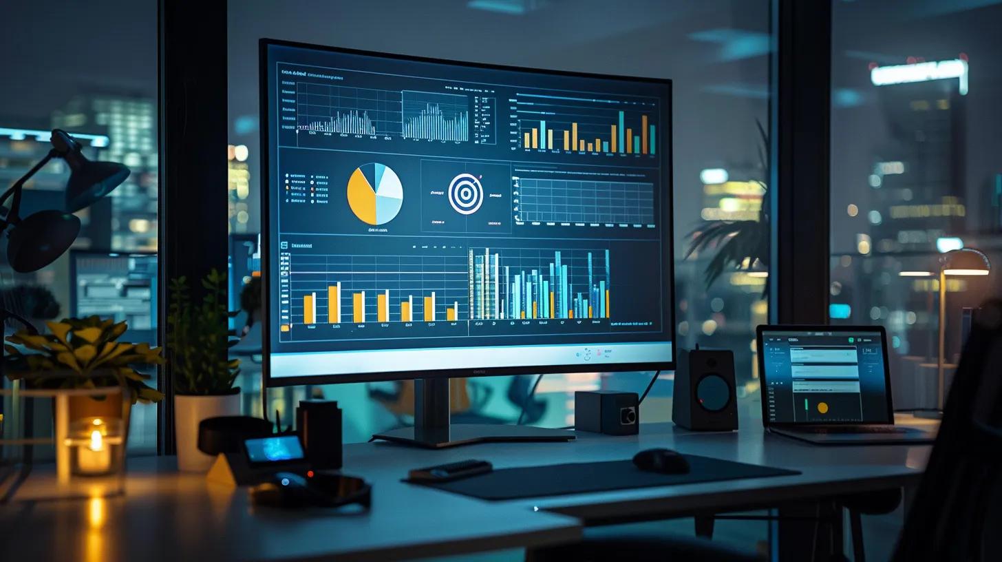 a sleek, modern office workspace features a large screen displaying seo analytics and website performance graphs, illuminated by bright, focused overhead lighting, conveying a sense of dynamic analysis and strategic planning. a sleek, modern office workspace features a large screen displaying seo analytics and website performance graphs, illuminated by bright, focused overhead lighting, conveying a sense of dynamic analysis and strategic planning.