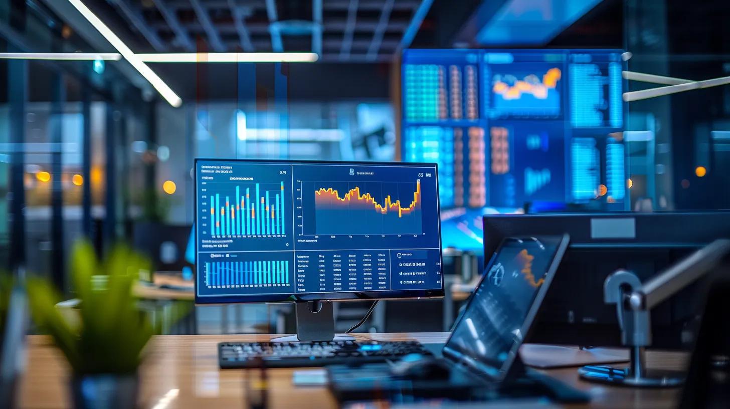 a sleek, modern office space features a large computer screen displaying vibrant graphs and seo statistics, encapsulating the dynamic essence of proven techniques for higher rankings in digital marketing.