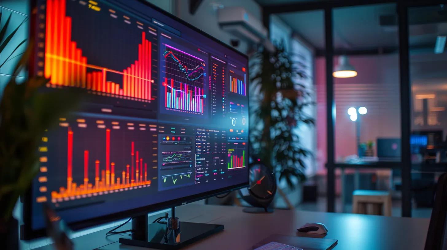 a sleek office workspace features a large screen displaying vibrant analytics graphs and user behaviour metrics, illuminated by modern led lighting that highlights a sophisticated atmosphere focused on optimising seo strategies. a sleek office workspace features a large screen displaying vibrant analytics graphs and user behaviour metrics, illuminated by modern led lighting that highlights a sophisticated atmosphere focused on optimising seo strategies.